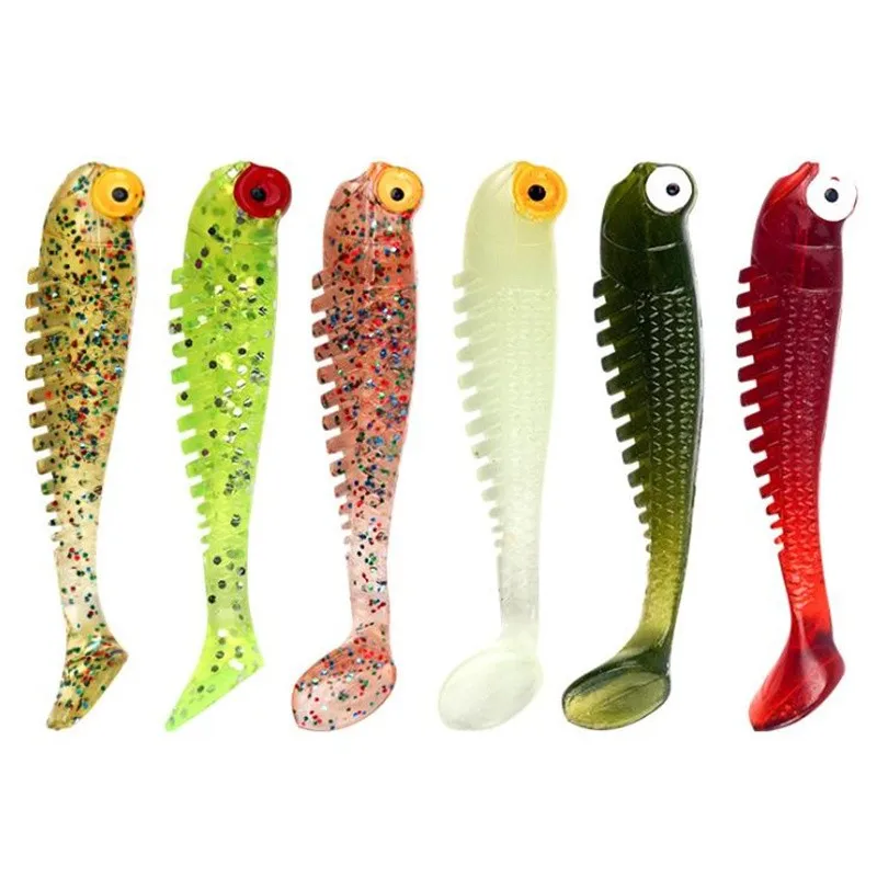 5 pçs/lote 3d olhos luminosos silicone macio isca 5.5cm 1.3g isca de pesca artificial com cheiro sal pequeno peixe mar iscas