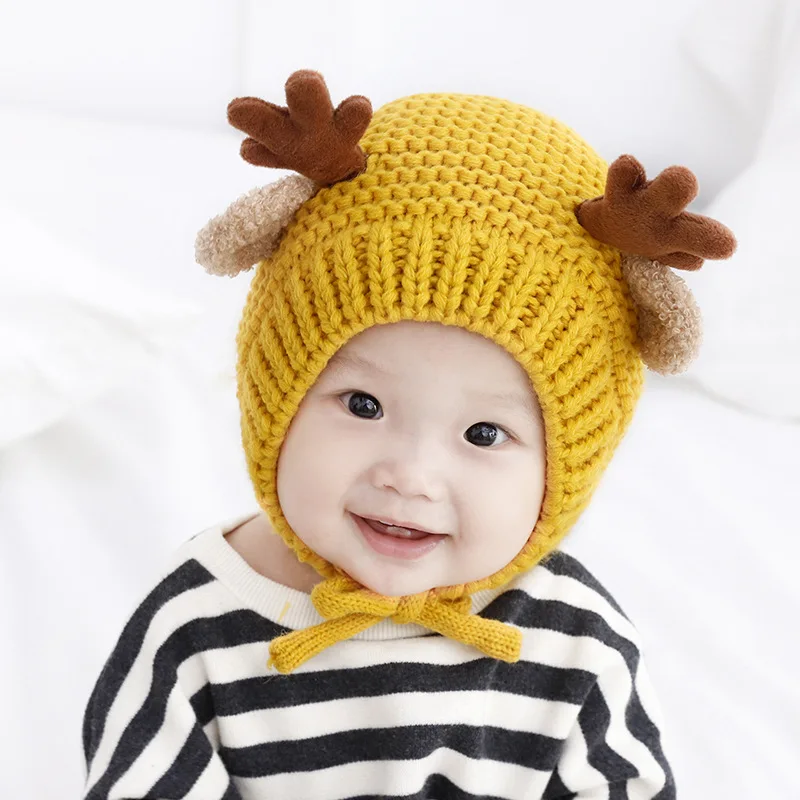 

Kids Christmas Cap Cute Antler Baby Knitted Woolen Hat Winter Warm Infant Ear Protection Headgear Cartoon Toddler Beanie 6-36M