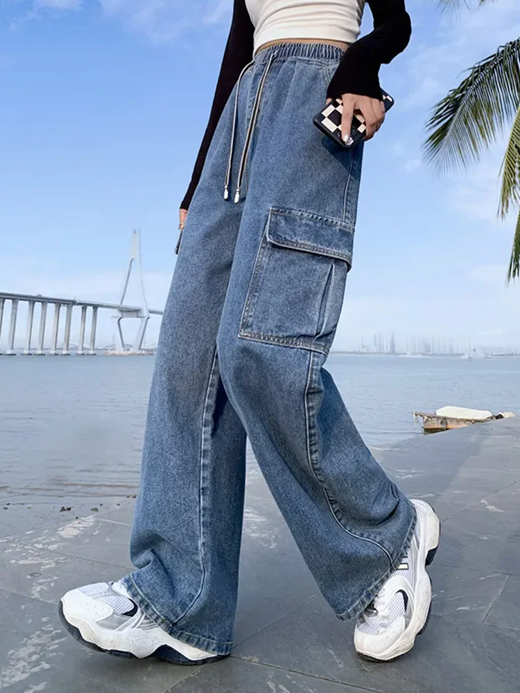 Women Thicken Baggy Vintage Cargo Jeans Winter Warm Elastic High Waist Velvet Lined Straight Denim Pants Korean Casual Vaqueros