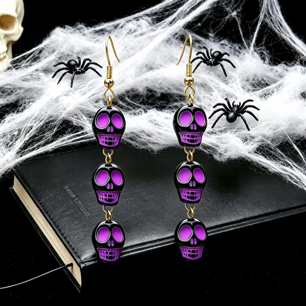 Three Skull Earrings Halloween Gold Plated Earrings Acrylic Skull Earrings Quirky For Party Jewelry Festival Occasions Travel