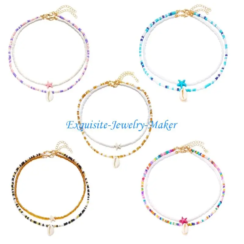 

24TF 2pcs Double Strand And Shell Bead Pendant Necklace Perfect For Beach Vacations And Casual Gatherings