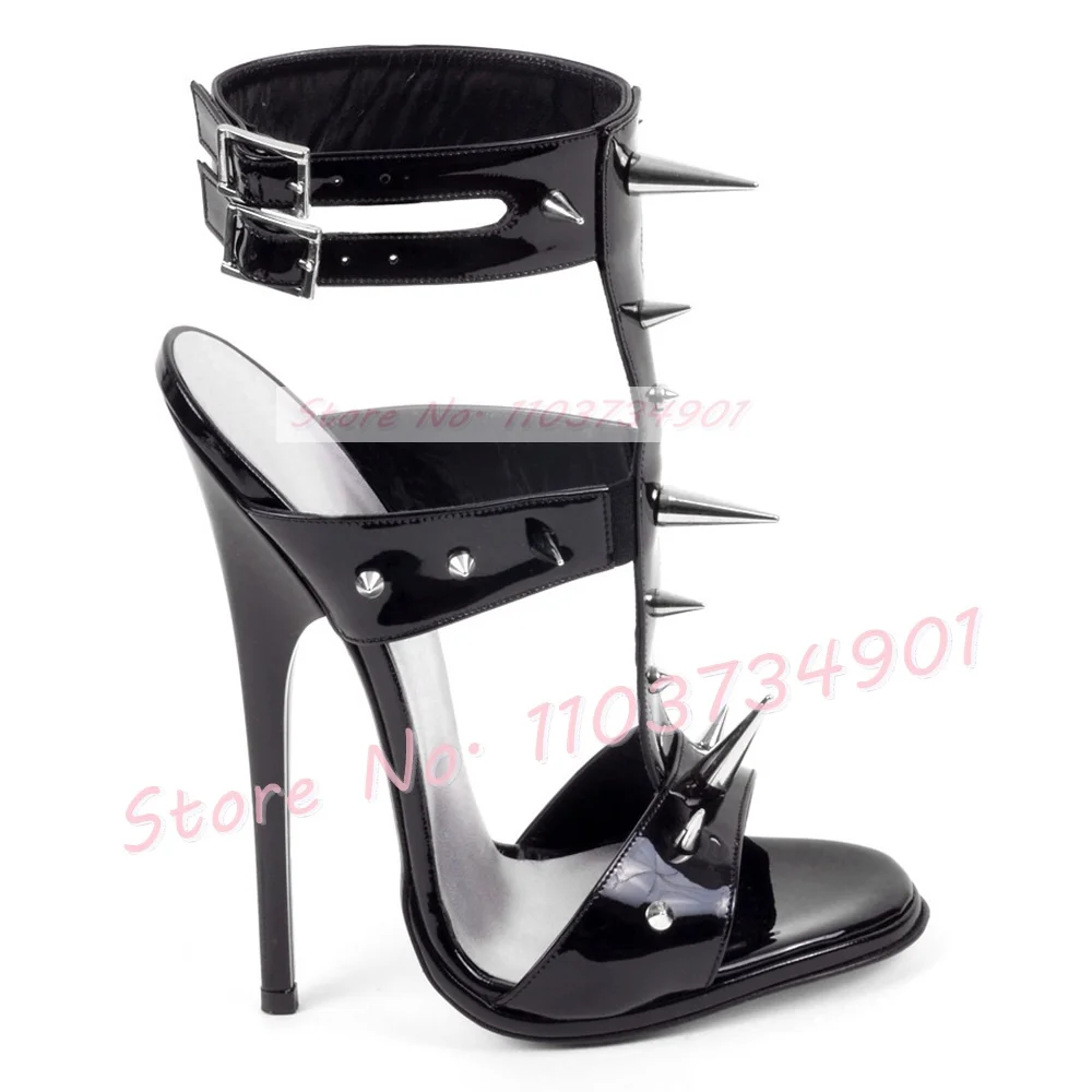 Sexy Rivets Black Leather Sandals Women Ankle Strap Solid High Heels Open Toe Sandals Lady Fashion Classy Belt Buckle Shoes