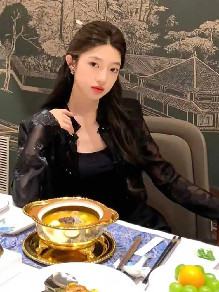 Camisa de Proteção Solar Bordada para Mulheres, Estilo Coreano, Com Botões, Ajuste Solto, Comprimento Longo