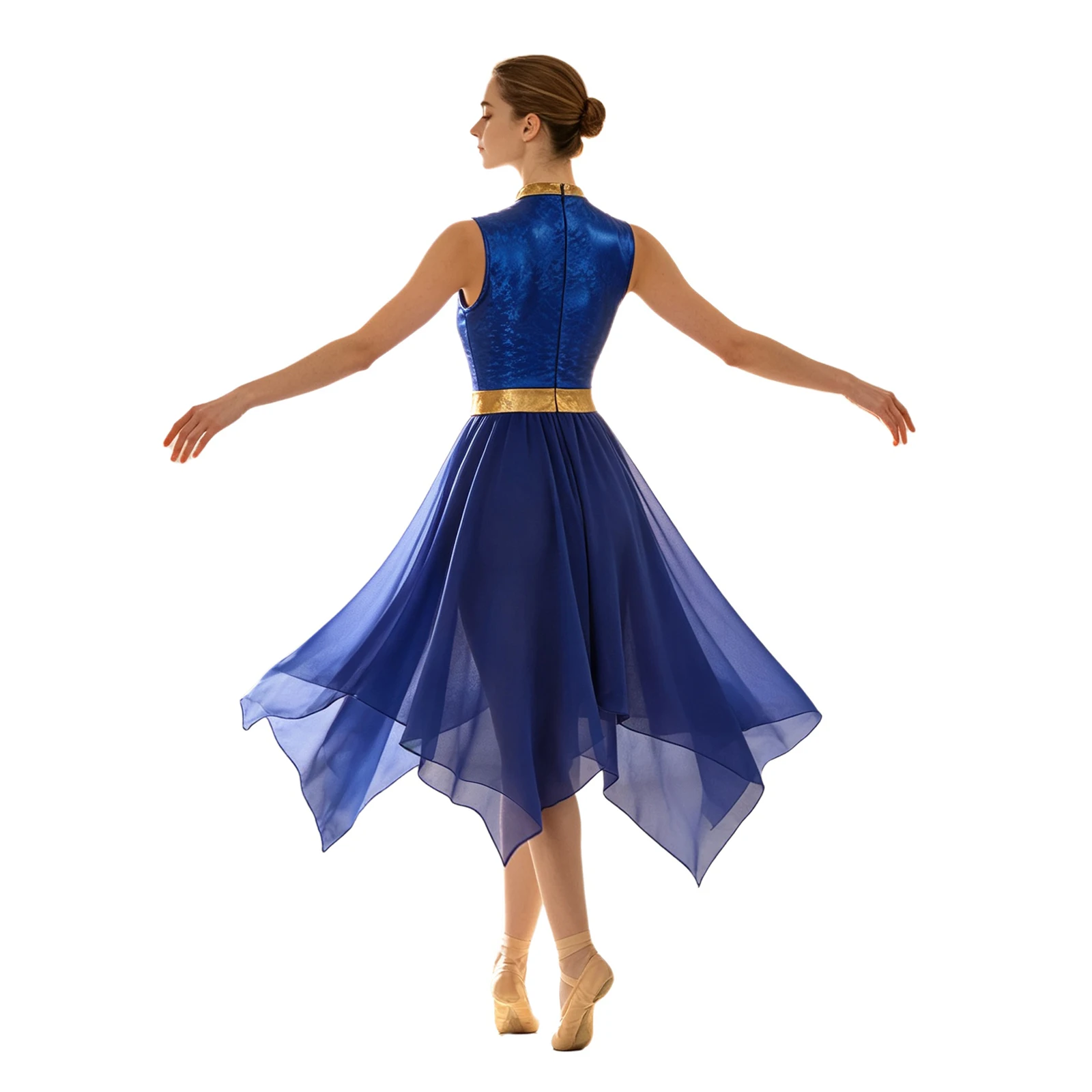 Damen-Lyrik-Tanzkleid, Kostüm für Gottesdienste und Lobgesänge, mit Metallic-Print, aufgesetztem Oberteil, Schlüssellochausschnitt vorne, ärmellos, unregelmäßiger Saum, Tunika-Kleid. – Detail 19