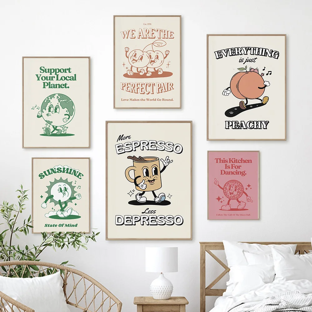 

Retro Coffee Fruit Sunshine Canvas Painting Prints Fun Kitchen Posters More Espresso Less Depresso Quotes Canvas Wall Art Decor