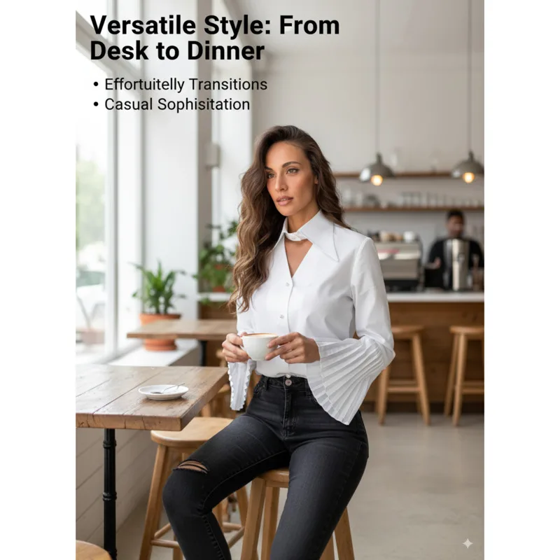 

Women Fashion White Cotton Shirt With Unique Pleated Bell Sleeves V Neck Collar Long Sleeve Elegant Fall Blouse French Chic Look