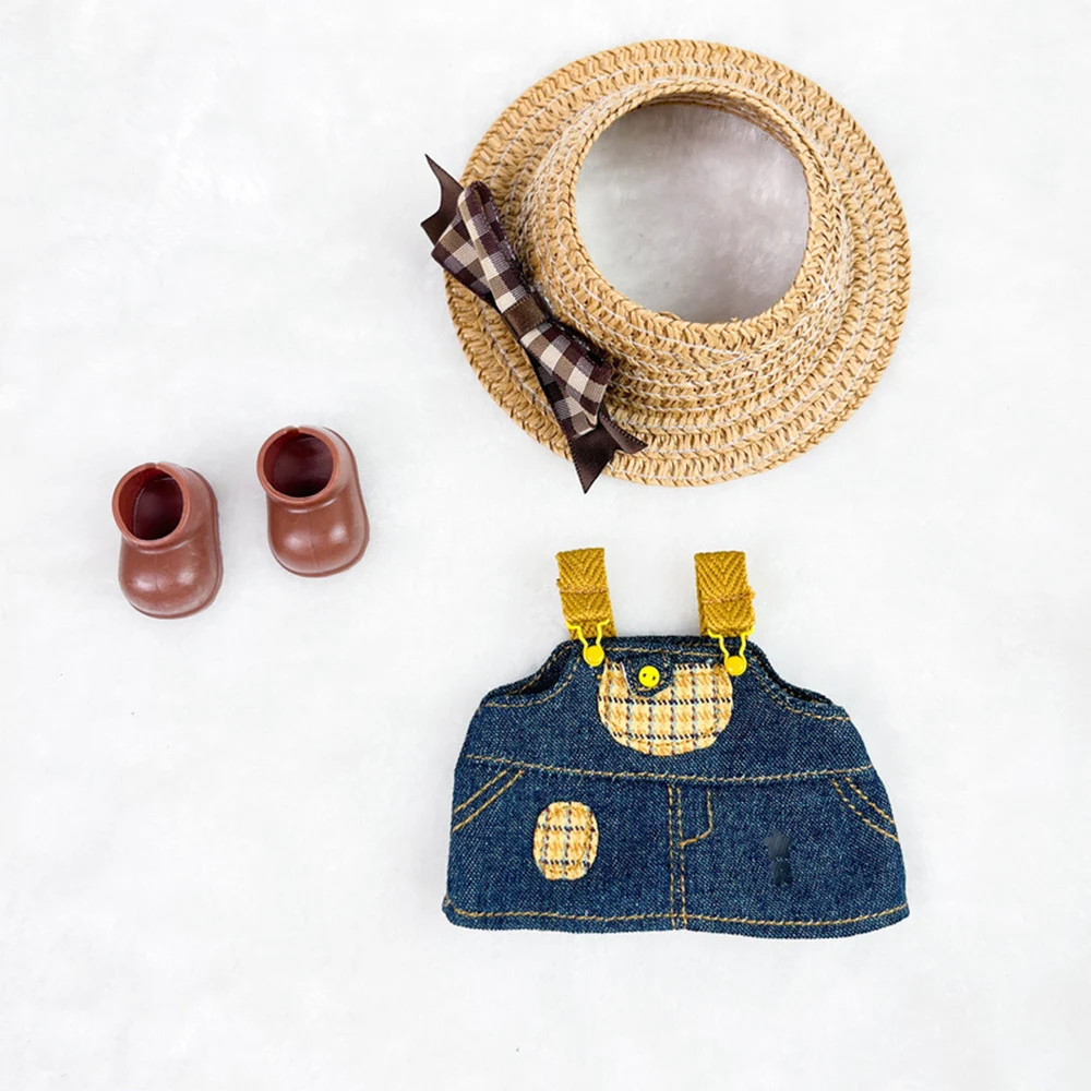 Denim Strap Skirt Straw Hat For Labubu V1 V2 V3 Doll Outfit For Ropa Labubu Doll Accessories