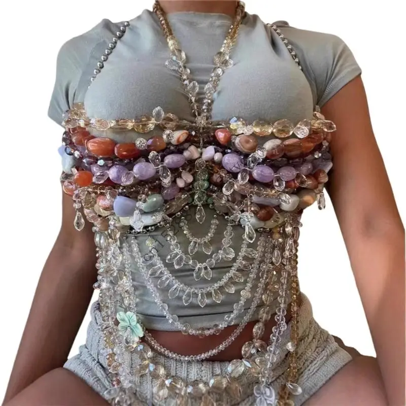 

D0UF Многочисленные пряди драгоценных камней сети грудной сети Bohemian Styles Summer Festival аксессуар
