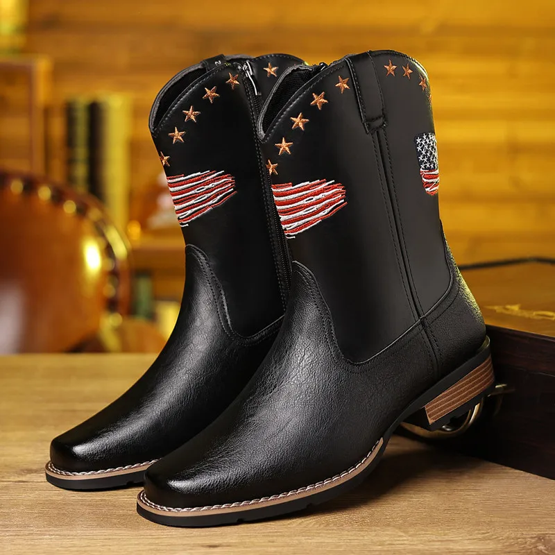 Brand Men High Boots New Embroidery Retro Handmade Mens Boots Western Cowboy Pointed Toe Boot Hand Stitching Outdoor Men's Shoes