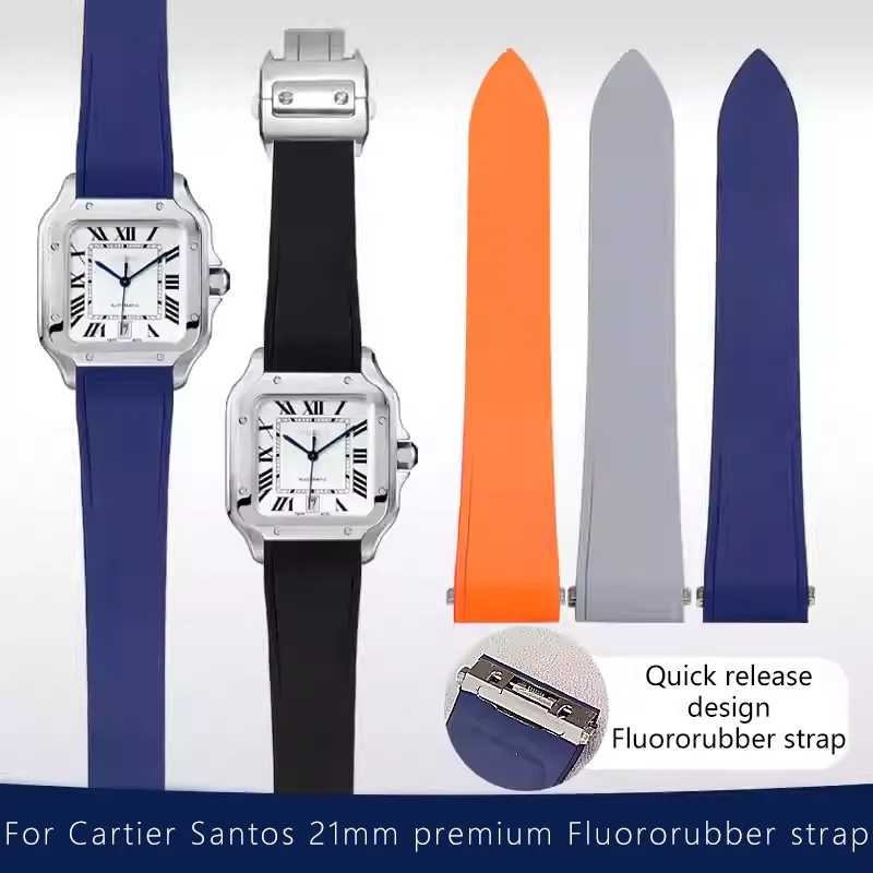 Exquisite craftsmanship soft fluororubber watch strap for Cartier Santos quick release end piece 21mm folding clasp watch band