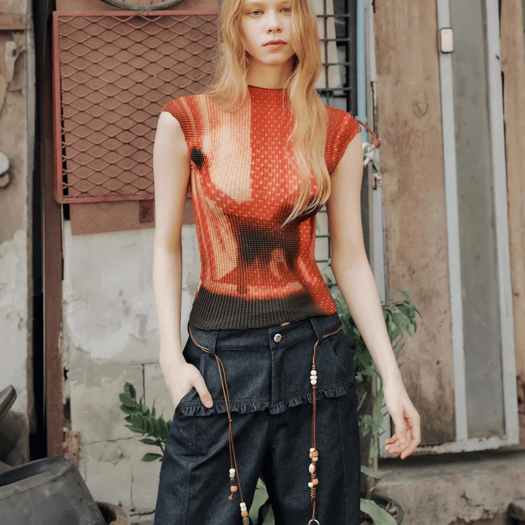 Women Vintage Oil Painting Print Sleeveless Mesh Top High Neck Pleated Sheer Y2K Grunge Streetwear Slim Layering Tank Blouse