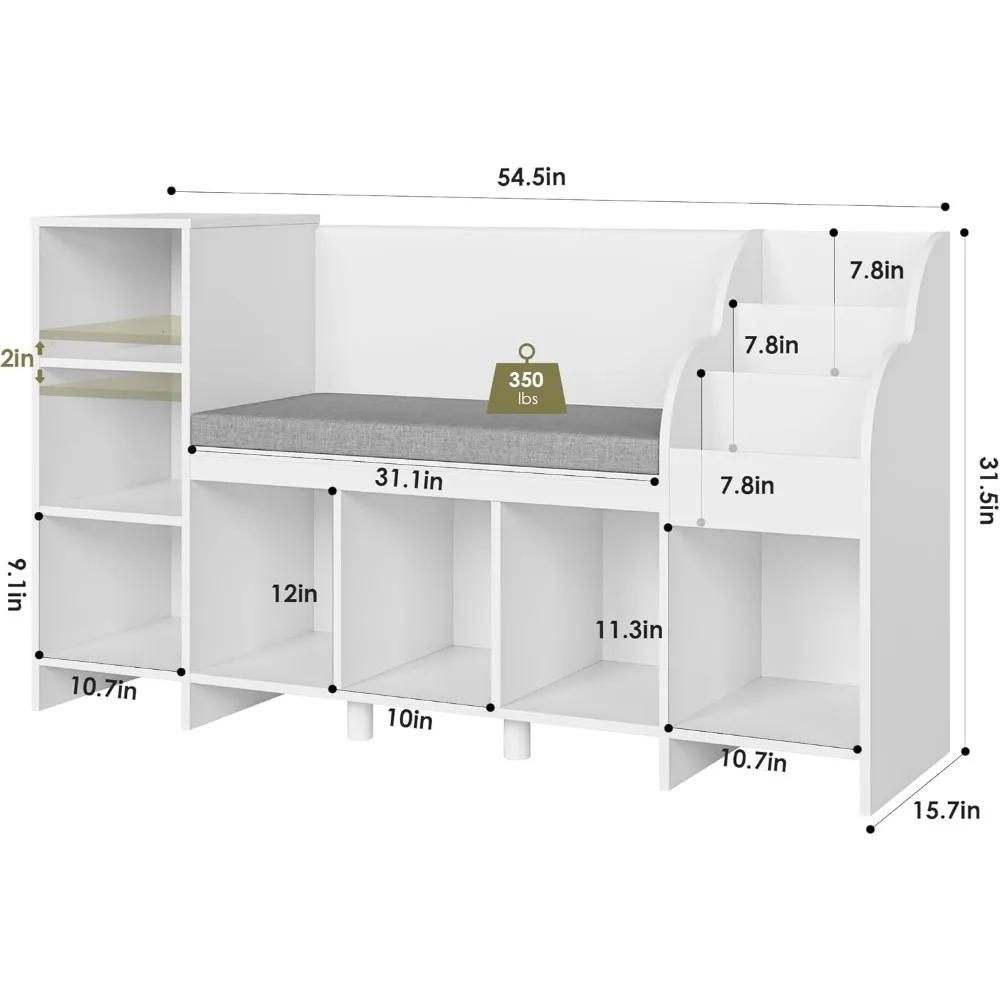 Leeshoekje voor kinderen, kinderkamerboekenplank en boekenkast met bank, boekenplankorganizer met zitkussen en 6 opbergkasten