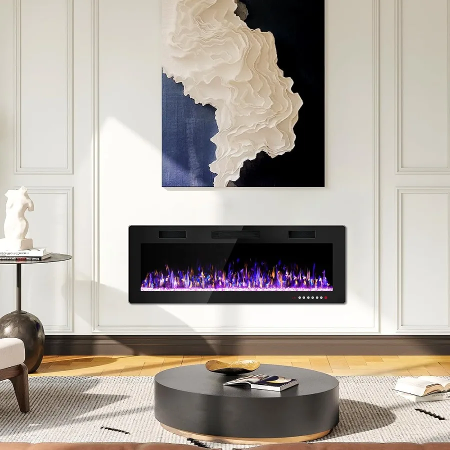 50 inch Ultra-Thin Electric Fireplace for Modern Home Decor: In-Wall Recessed and Wall Mounted Linear Design with Multicolor Fl