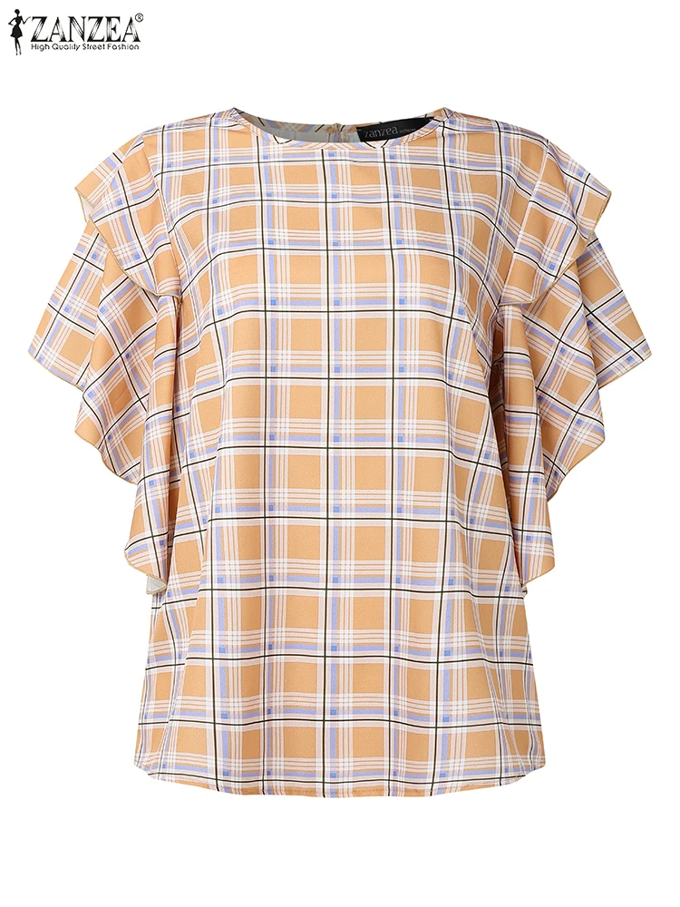 Fashion Elegant Blouse Women Office Work Tunic 2025 ZANZEA Casual Loose Ruffled Blusas Printed Vintage Plaid Tops Oversized