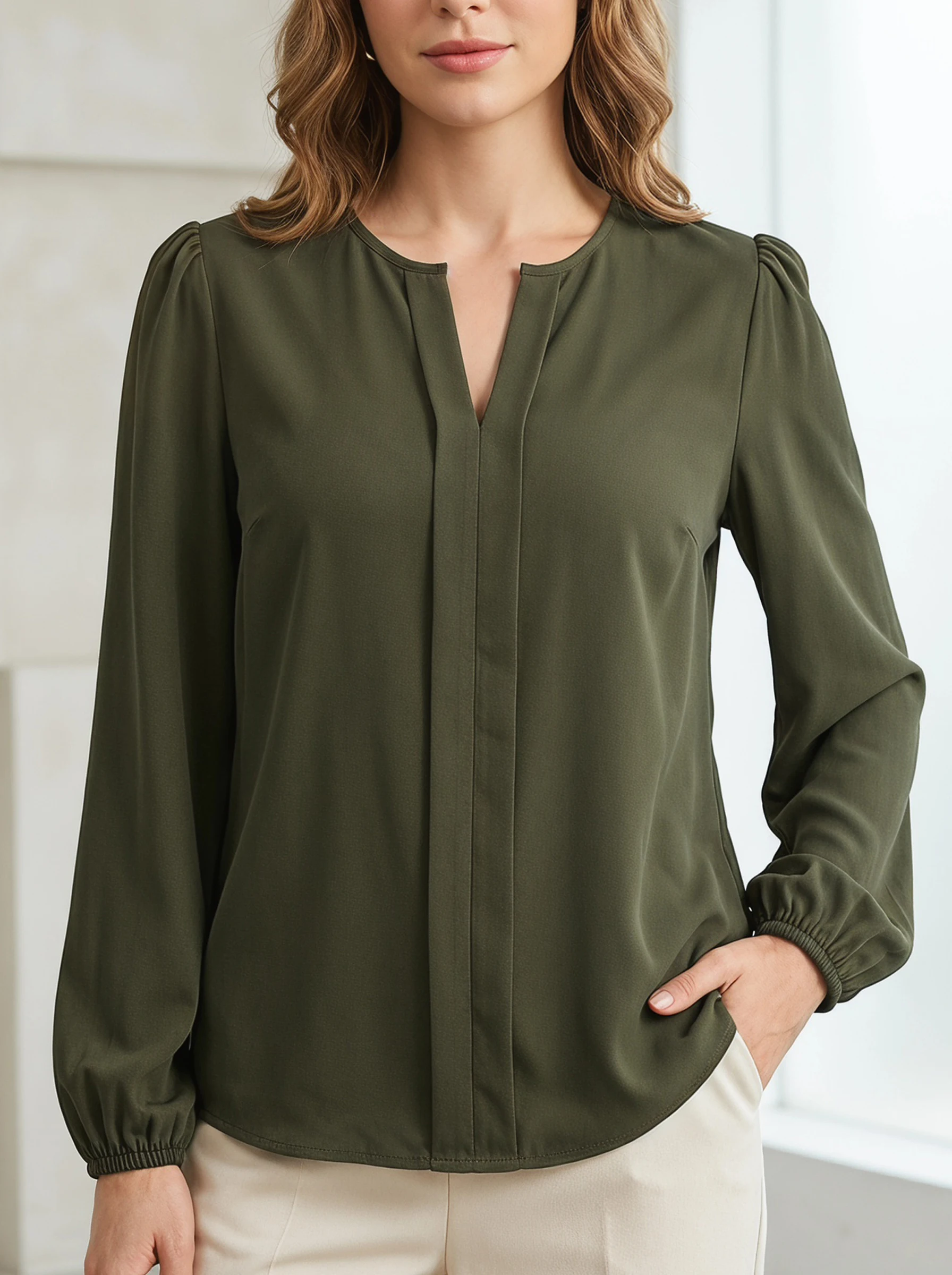 Gadinus Women Solid Color Round Neck Long Sleeve Blouse Loose Fit Casual Office Shirt Elegant Lantern Sleeve Top
