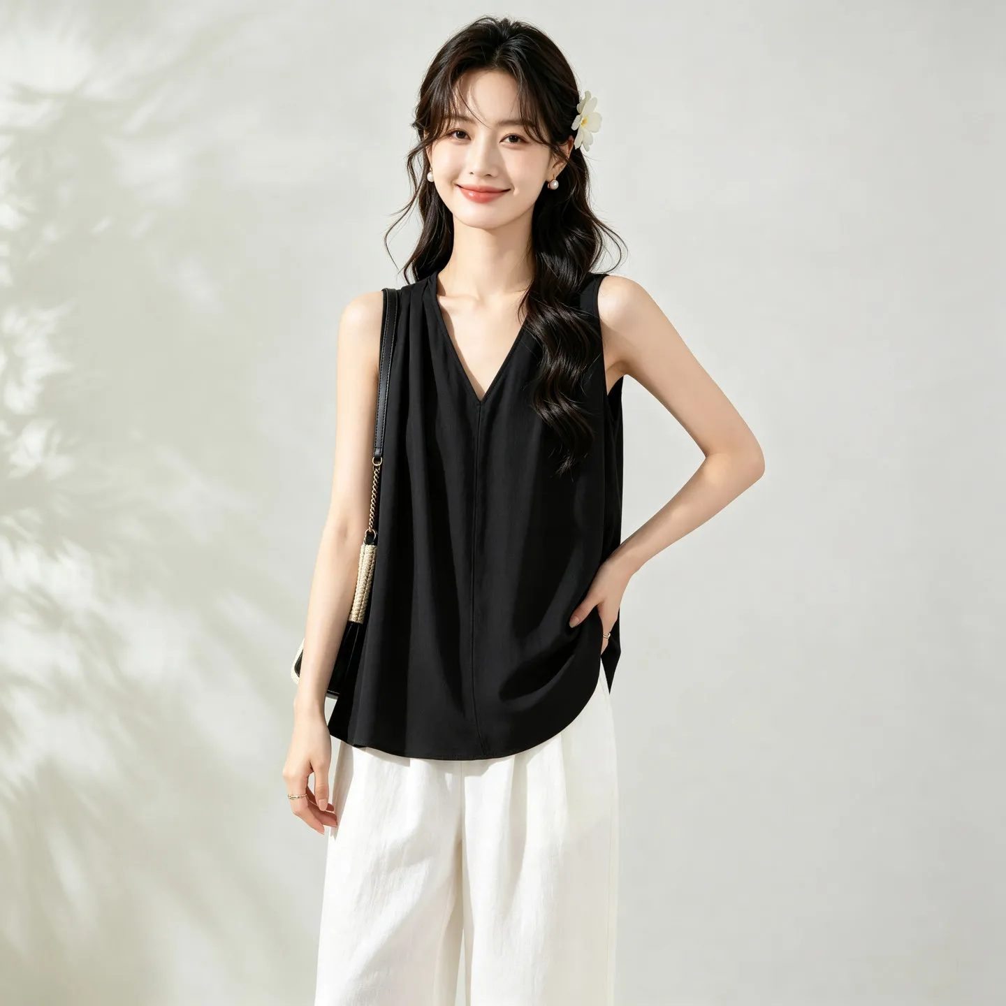 Winsleter-100%Real Silk Double Crepe Elegant Vest, V Neck Solid, Women Korean Vacation Commute Loose Vest, 2026 Autumn T68761CC