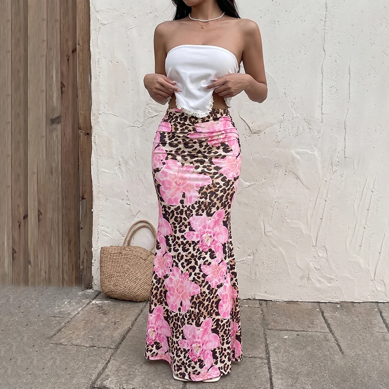 Women's A-line fish-tail skirt for summer, elegant high-waisted leopard print long dress for the summer season