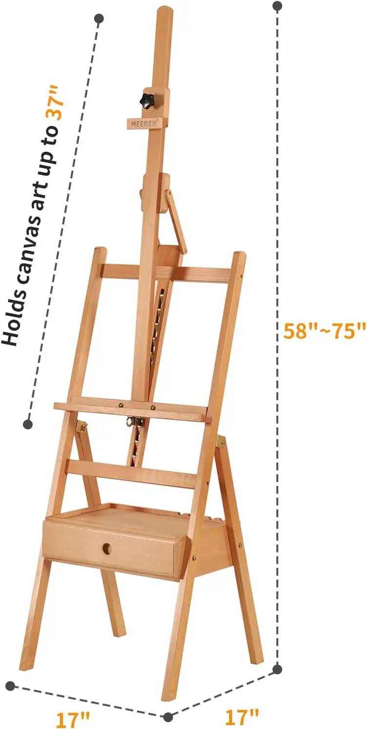 MEEDEN Art Supply Storage Drawer Adjustable Solid Beech Wood Easel Stand  Forward Tilt Studio H-Frame Easel for Artists