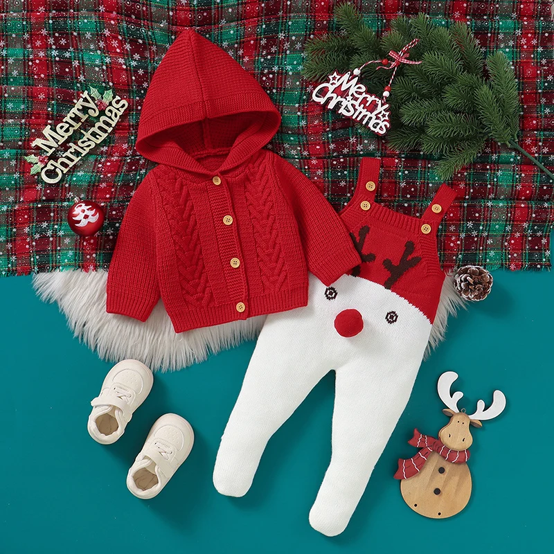 

Christmas Baby Clothes Set Knit Newborn Girl Sweater Hooded +Romper Sleeveless Winter 2pcs Infant Boy Jumpsuit Outfits 0-9M Cute