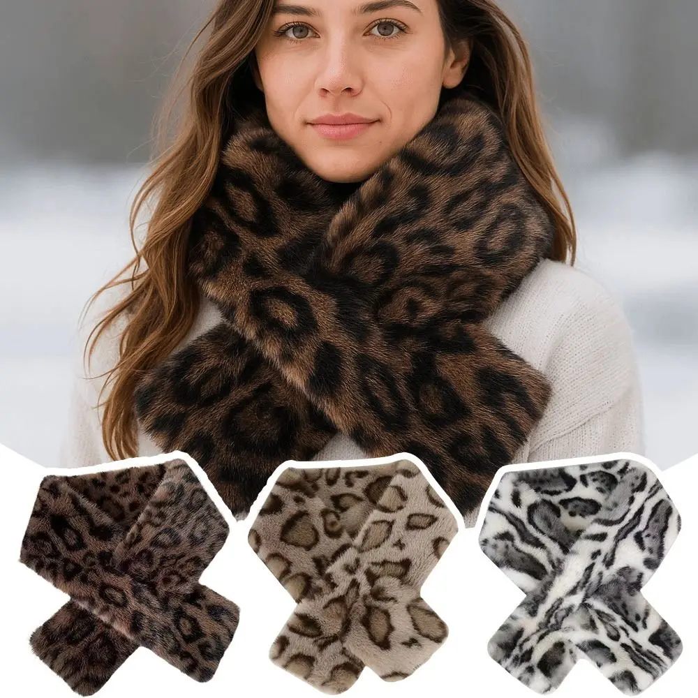 かわいい厚手の暖かいヒョウ柄スカーフソフトフェイクラビットファーぬいぐるみスカーフ防風フェイクカラーフォックススカーフ冬シーズン