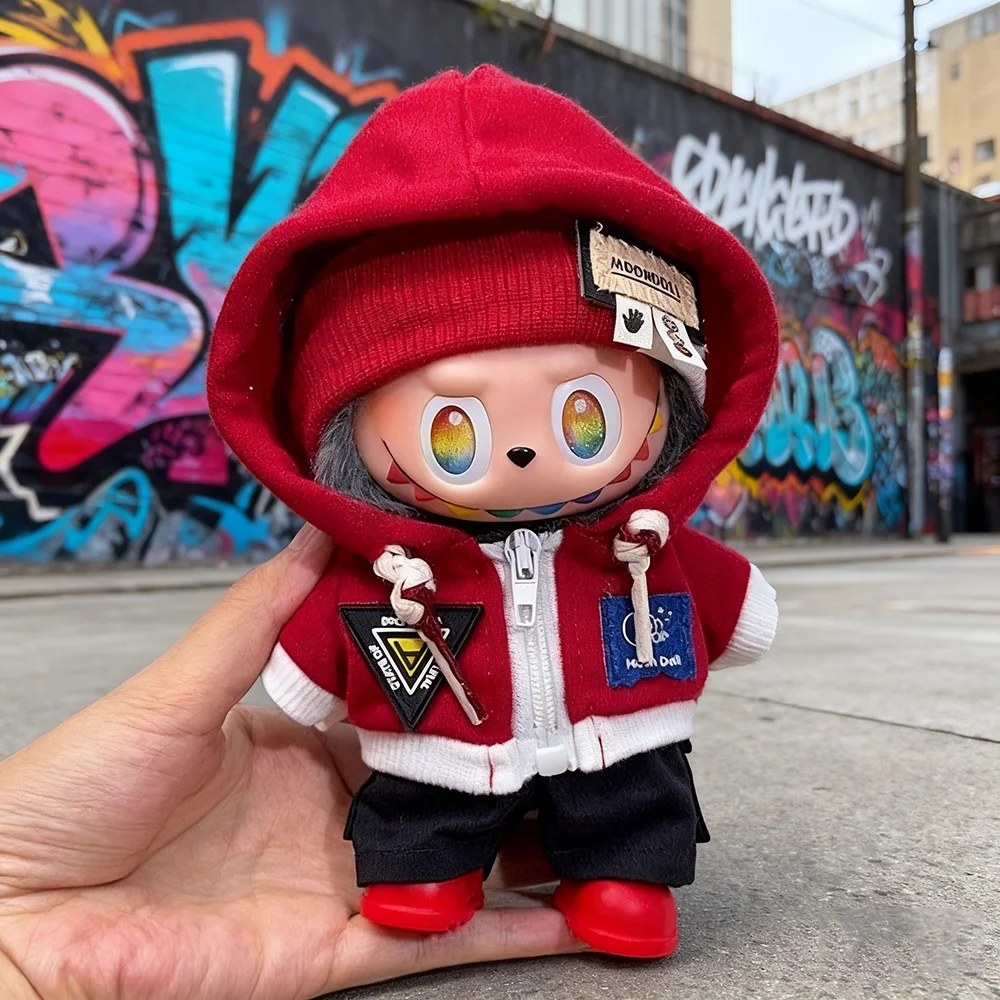 

Clothes For 15-17cm Labubu Trendy Zipper Hoodie Clothes Headband Pants Set Red Headphones PP Shoes Outfit Clothing Accessories