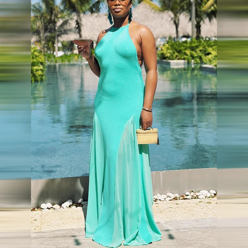 Women's Halter Neck Open Back Maxi Dress Ribbed Knit Top Flowy Chiffon Hem Bodycon Female Summer Evening Vacation Party Dress view 5