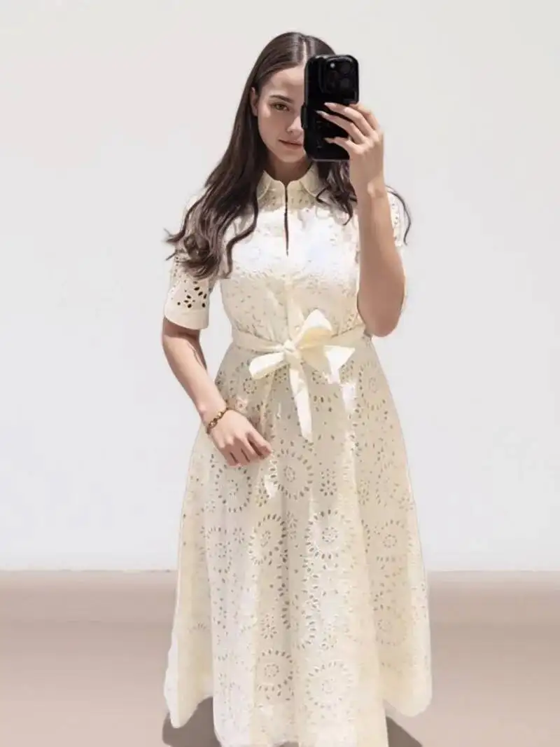 Elegantes besticktes Revers-Hohlkleid für Damen, modisch, kurzärmelig, mit Gürtel, hohe Taille, Maxikleider, weiblich, Sommer, schick, lässig, LO8