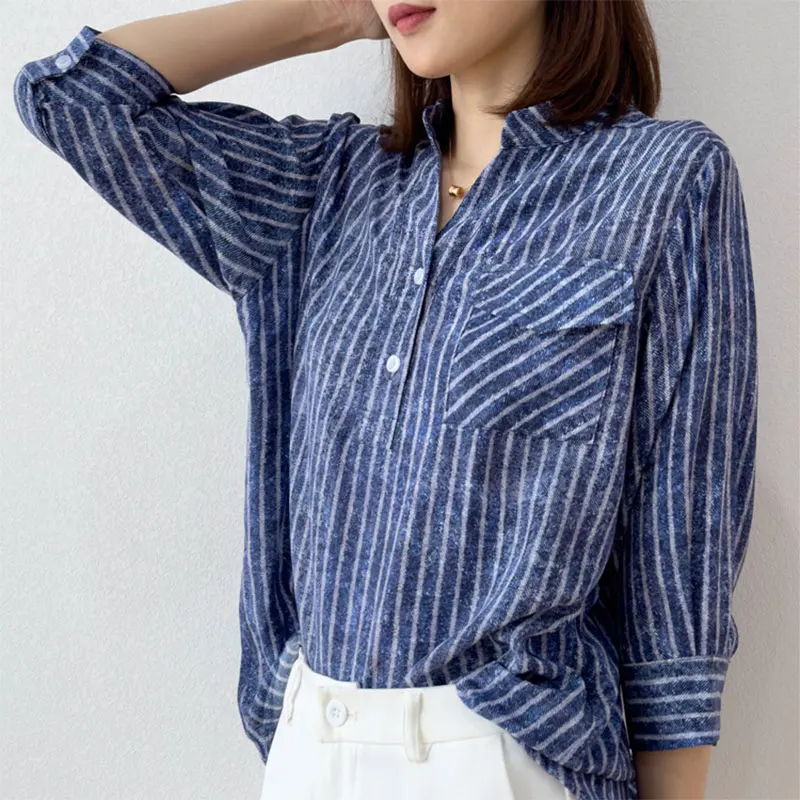 Women Silk Shirt 100% Mulberry Crepe Silk Stripe Blue Jeans Printed 3/4 Sleeve Pullover Top Blouse Office Lady Work M L XL M1066