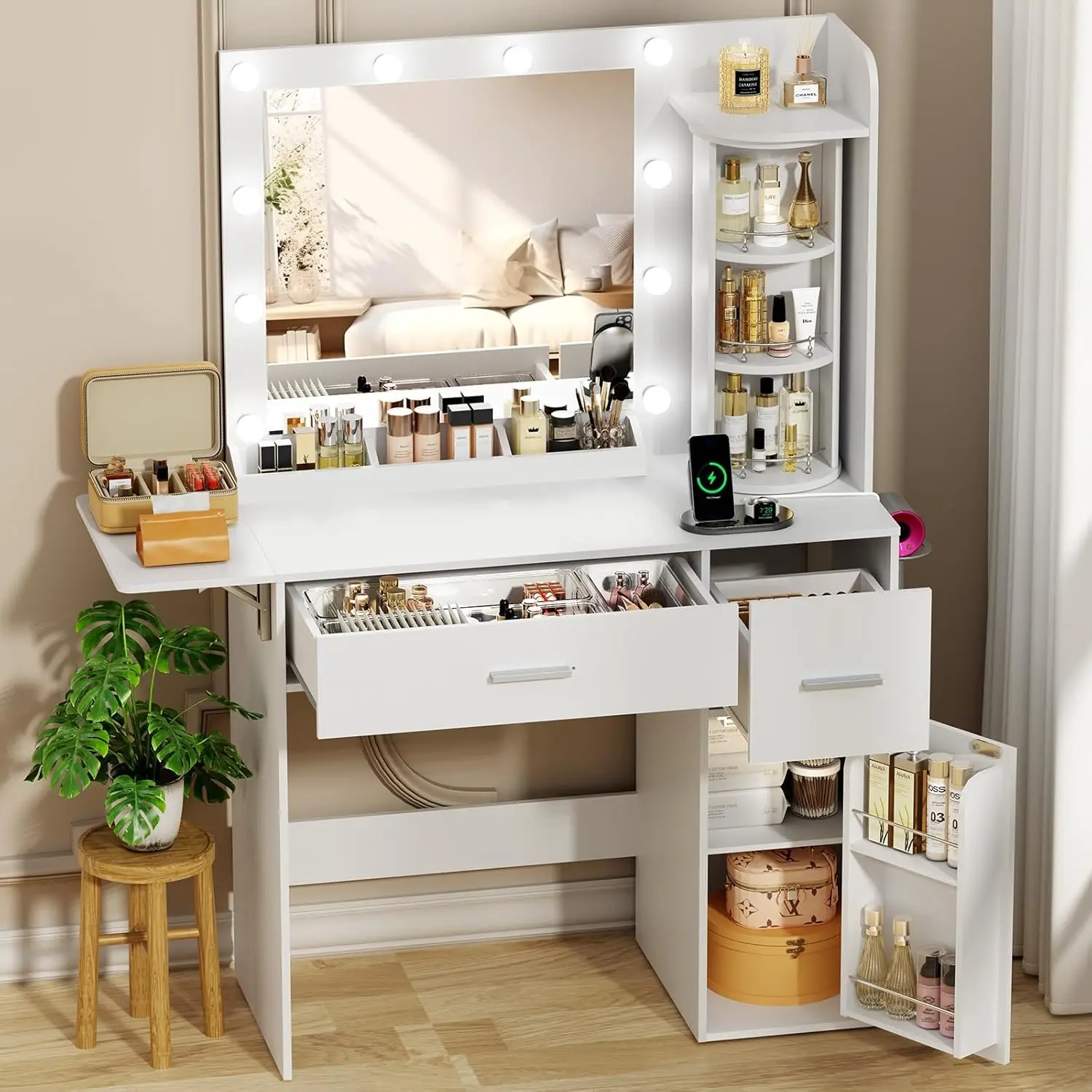 

Туалетный столик с вращающимися органайзерами для украшений, косметический столик с зеркалом и подсветкой, туалетный столик с зарядной станцией USB-C