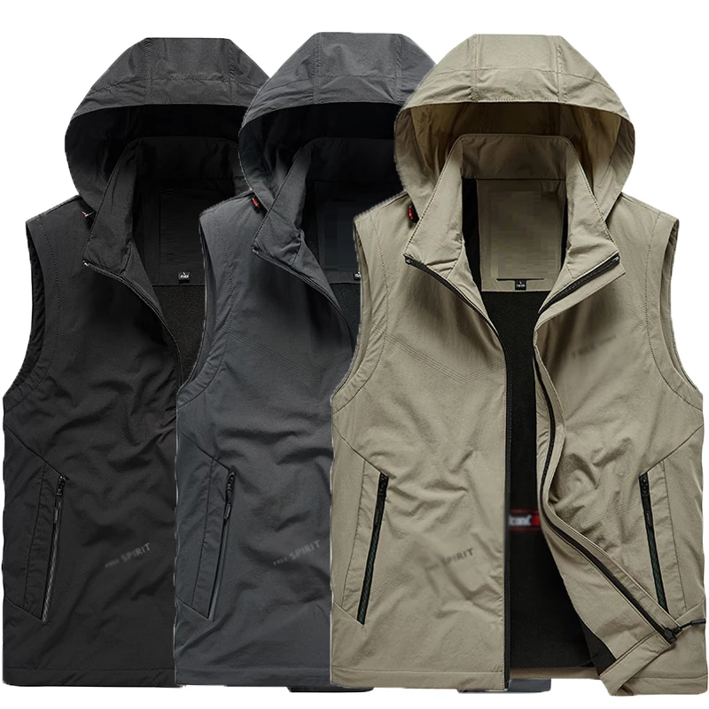 

2023 Sleeveless Jacket Cargo Vest Zipper Pocket Mountaineer Vest Outdoor Photographer Vest Fashion Hooded Waistcoat Plus Size 5x