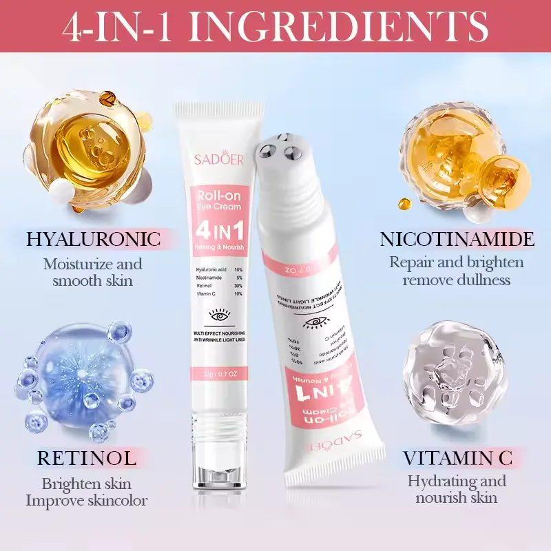 SADOER 4-in-1 Roll On Moisturizing Eye Cream, Fade Eye Circles and Bags, Tighten Moisturizing Eye Essence, Suitable for Beauty
