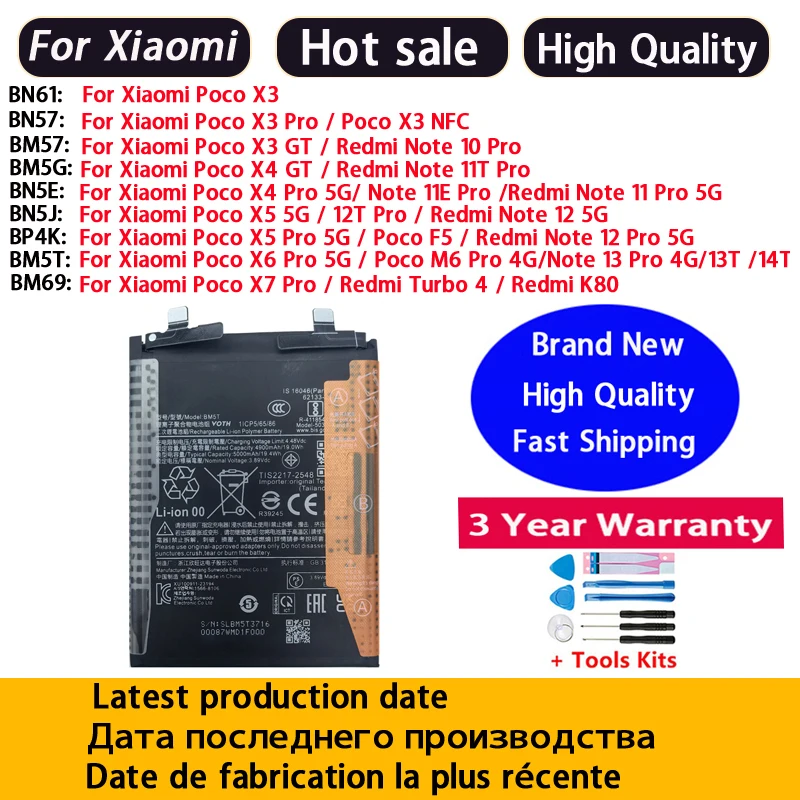 BN61 BM69 BM57 BM5G BN5J BM5T BN57 BP4K BN5E For Xiaomi Redmi Note Poco X3 X4 X5 F5 X6 X7 10 11 11T 11E 12 12T GT Pro 5G Batería