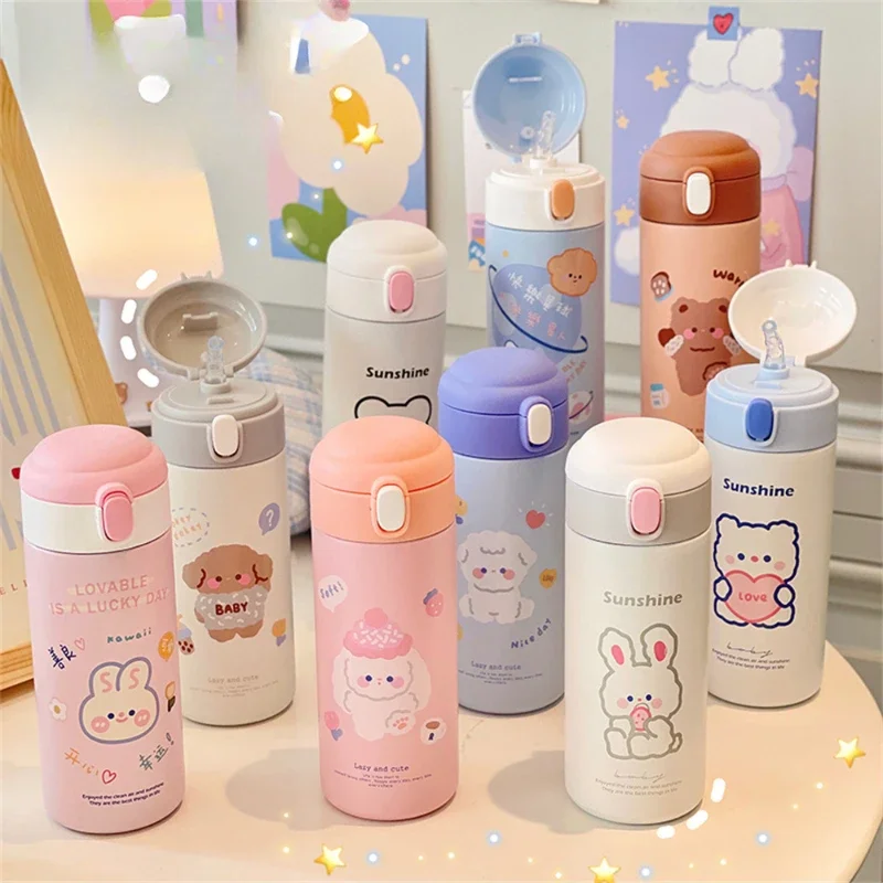 JUSTINLAU الدب أكواب 380 مللي الكرتون الترمس لفتاة لطيف طالب صغير المحمولة القش زجاجة ماء الترمس ترموس قارورة تفريغ الشرب