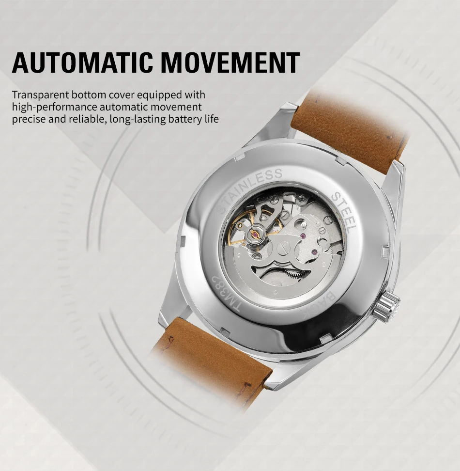 FORSINING الراقية الفاخرة عارضة أزياء الرجل الأزرق الساعات الصلب الهيكل العظمي الميكانيكية ووتش الحركة التلقائية ساعة يد جلدية