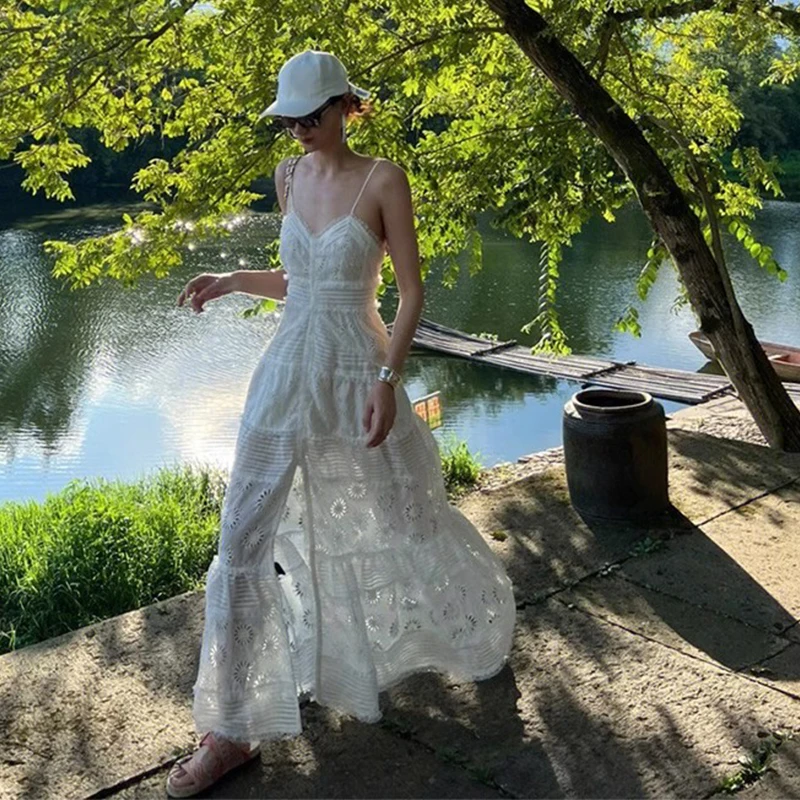 Reise ferien Sommer weißes Kleid für Frauen Designer Spitze aushöhlen Schlinge lange Kleider elegante Stickerei Urlaub Party Kleid