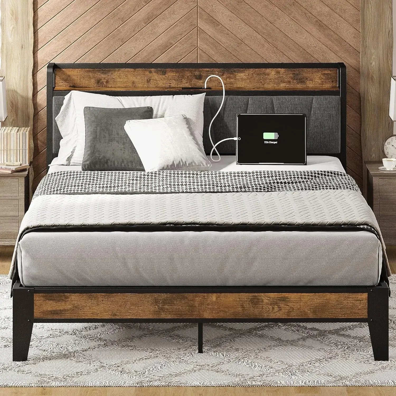 Furniture Queen bed frame Storage headboard with charging seat Sturdy assembly for easy customization