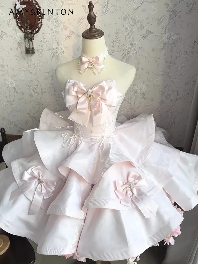 

Summer Sweet Lolita Pink Blue Strapless Bow Corset Elegant Princess Dress with Adjustable 3-Layer Hoop Bustle for Women