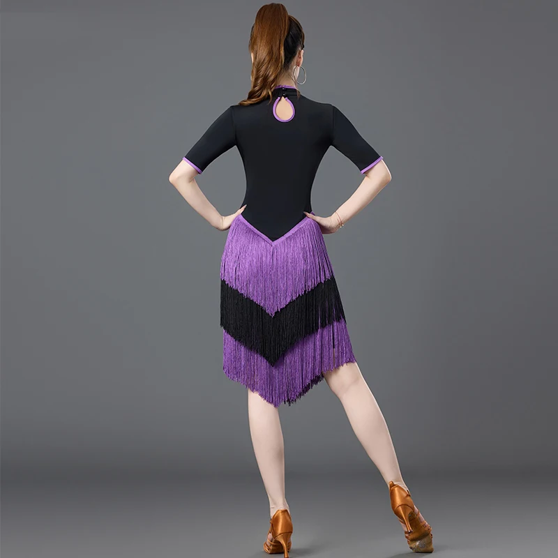 Novo vestido de dança latina vestido de desempenho cheongsam borlas vestido competição prática roupas chacha valsa vestido de dança dql11550