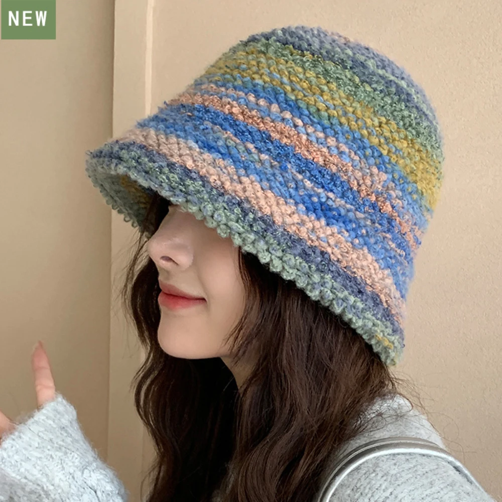 

HT4450 Colorful Bucket Hat Women Autumn Winter Cap Hat Ladies Knitted Hats for Winter Warm Packable Fishing Panama Bucket Cap