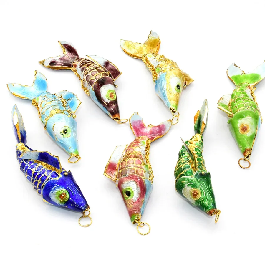 Imagem -03 - Pingentes Colar Peixe Wiggle Como Peixe Real Cloisonne Chinês Cores Misturadas Cerca de 45 mm Carpa Azul Verde Branco Pcs