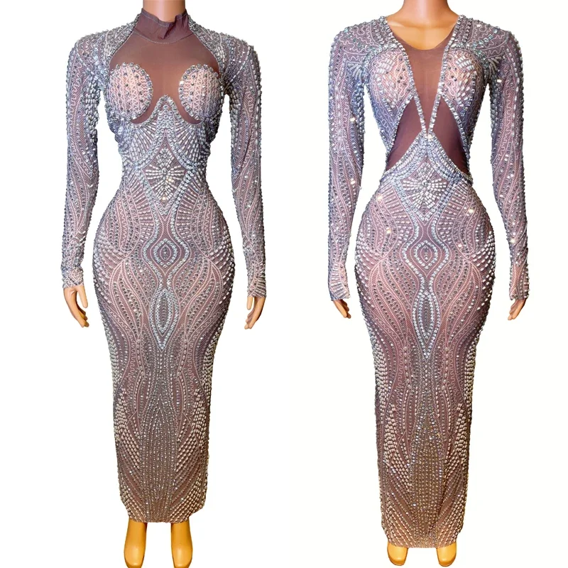 Vestido completo de pérolas com strass, vestido feminino para festa de casamento, comemoração de noite, roupa de baile, performance de palco, fantasia de festival xs7140