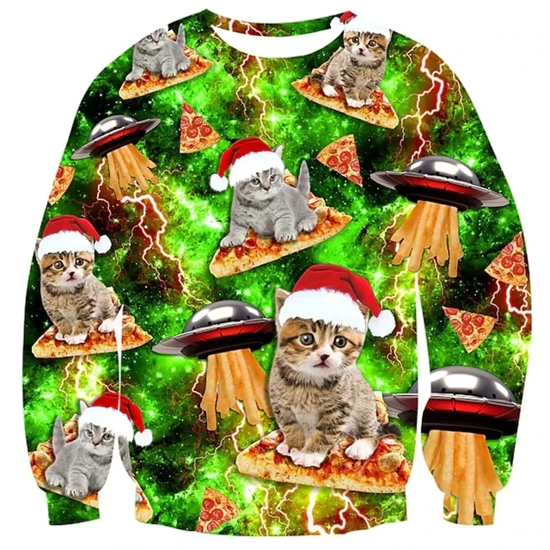 3D Printed Cat Pizza Pattern Sweatshirt Unisex Christmas Christmas Hoodie plus Size Streetwear Jumpers for Men And Women view 2