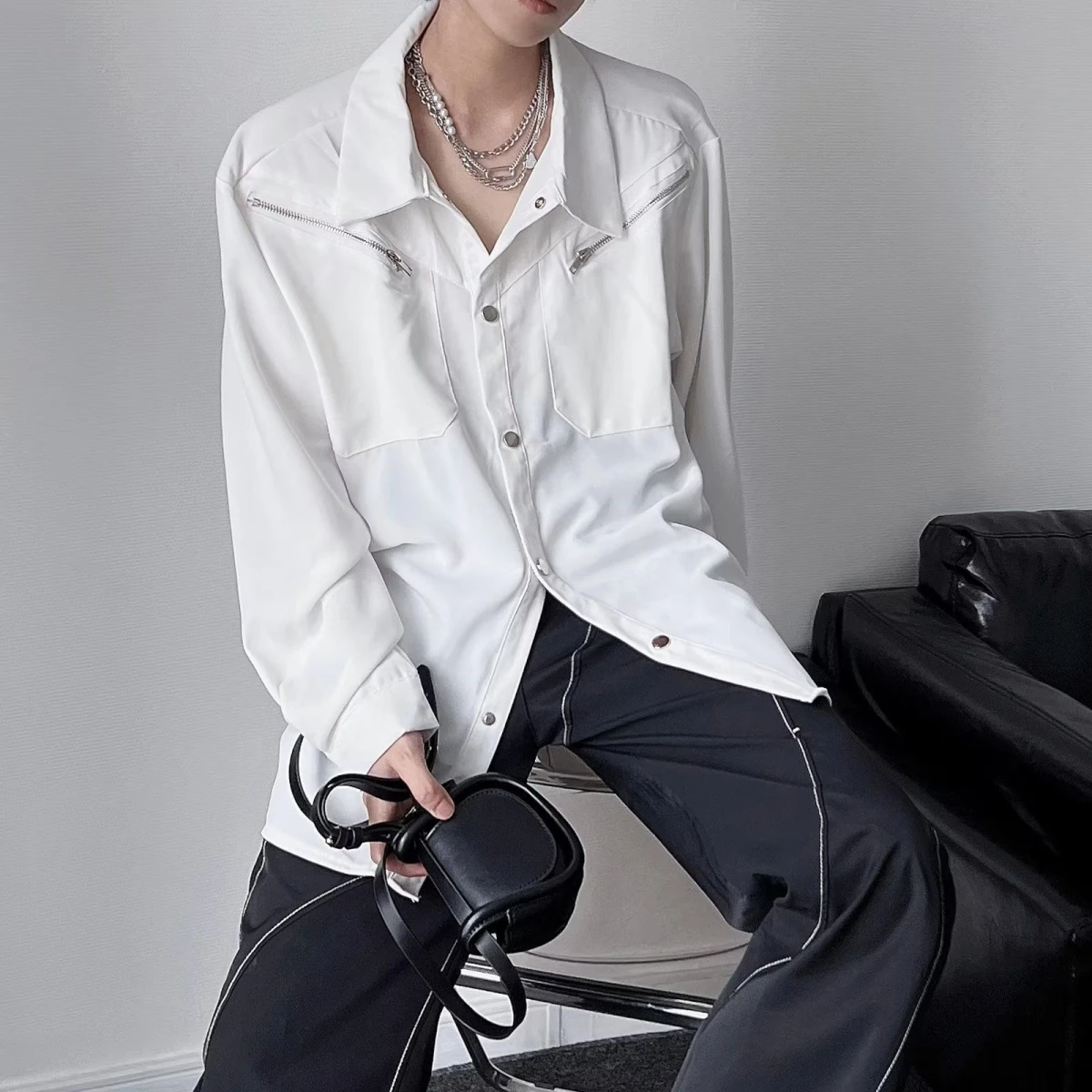 Men's Zipper Pure Color Shirt Drapey Loose Fit Spring Autumn Casual Design Casual Loose White Shirt Youth Trend Polyester Fiber