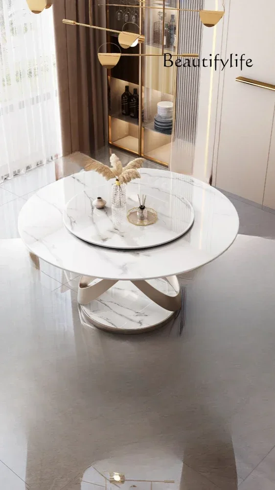 Round dining table Household small apartment Modern rock slab round table with turntable Simple light luxury dining table