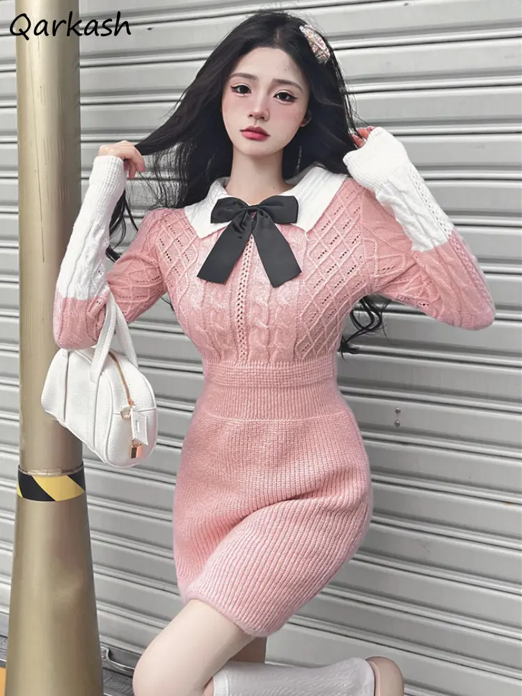 

Mini Dresses Women Slim Panelled Sweet Designer Spliced Preppy Kawaii Clothes Knitting Elegant Korean Fashion Vestidos Aesthetic