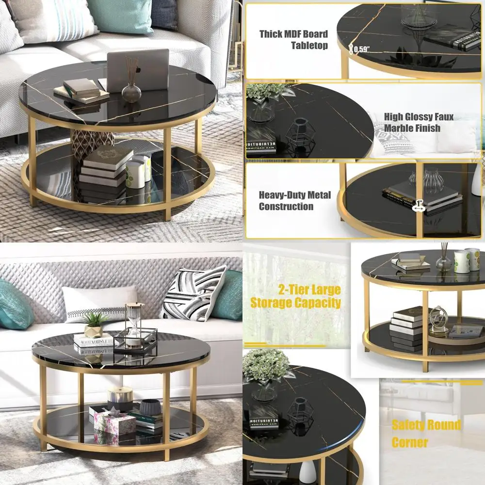 

Современный круглый журнальный столик с глянцевой черной мраморной столешницей и прочной золотой основой для гостиной