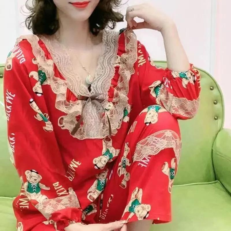 Conjunto de Pijamas de terciopelo dorado para mujer, ropa de estar por casa holgada, Sexy, con cuello de encaje, moda coreana grande, otoño e