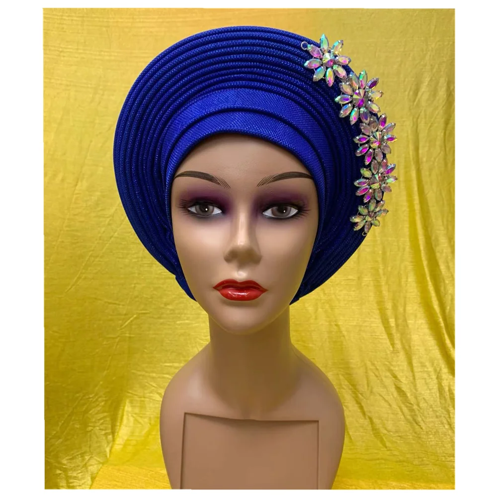 White African Turban Cap With Flower Drill  Nigeria Head Wrap Women Cap Nigerian Auto Gele Already Made Aso Oke Hat XM8-0-1