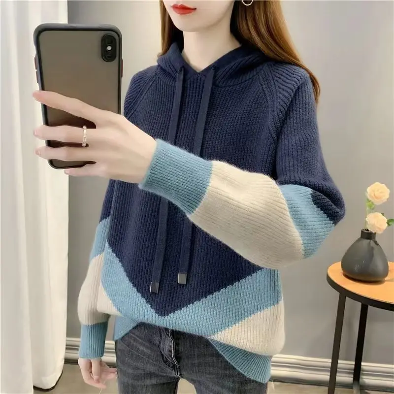 Women Clothing Fall Winter Trendy Contrast Color Hooded Sweater Casual Long Sleeve Loose Pullover Tops Drawstring Knitted Hoodie