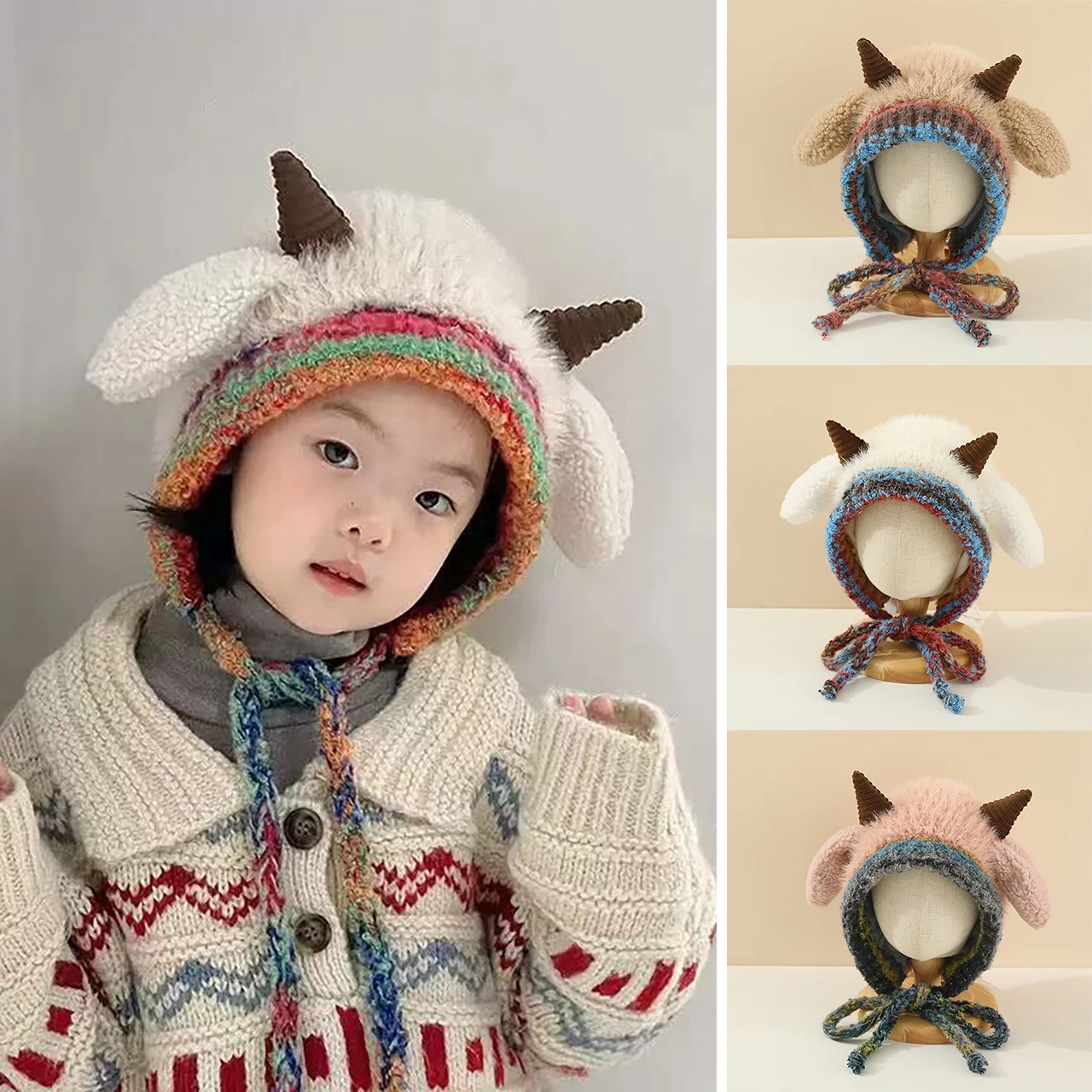 

Winter Children Plush Headgear Cute Lamb Ear Protection Cap 2-10Year Boy Girl Baby Warm Woolen Knit Hat Fluffy Fur Kids Beanies